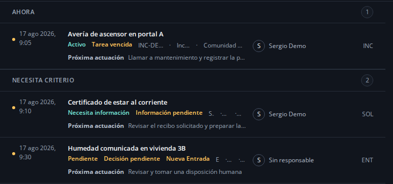 Detalle de asuntos de la bandeja de BRV01, con estados y próxima actuación. Datos de demostración.