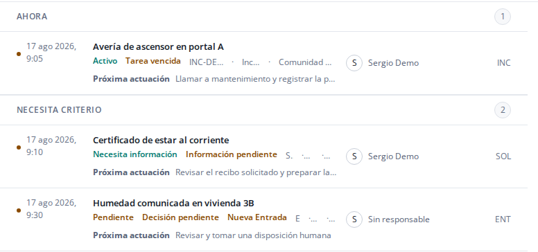 Detalle de asuntos de la bandeja de BRV01, con estados y próxima actuación. Datos de demostración.